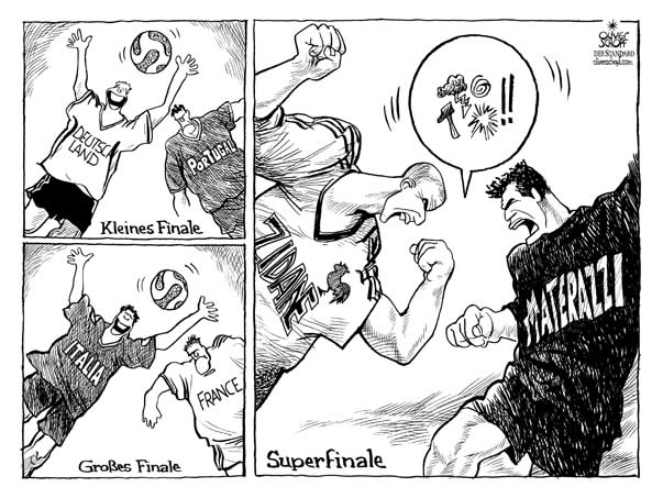  Oliver Schopf, politischer Karikaturist aus Österreich, politische Karikaturen, Illustrationen Archiv politische Karikatur Welt Sport 2006 Fussball zinedine zidane, marco materazzi, fußball-wm, kleines finale, 
großes finale, superfinale



