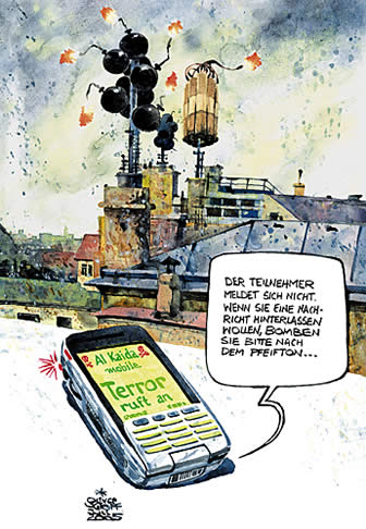  Oliver Schopf, politischer Karikaturist aus Österreich, politische Karikaturen, Illustrationen Archiv politische Karikatur Welt Terrorismus
terror, bombe bomben sendemasten handy der terror ruft an anschläge per funktelefonie


