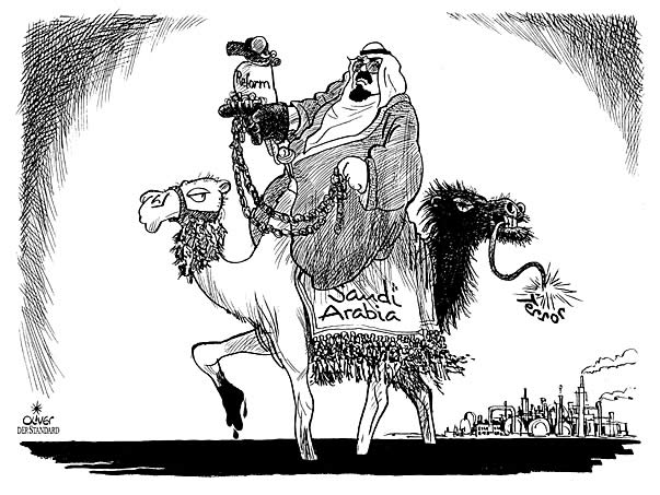  Oliver Schopf, politischer Karikaturist aus Österreich, politische Karikaturen, Illustrationen Archiv politische Karikatur Welt Terrorismus
terror, saudi arabien kamel schwarzes kamel reform


