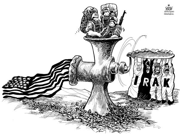 Oliver Schopf, editorial cartoons from Austria, cartoonist from Austria, Austrian illustrations, illustrator from Austria, editorial cartoon  United States of America Iraq USA 2007 marines, meat grinder, iraq, bush, flag
