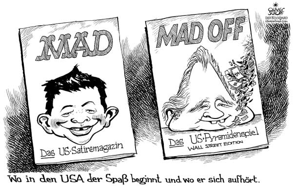  Oliver Schopf, politischer Karikaturist aus Österreich, politische Karikaturen, Illustrationen Archiv politische Karikatur Welt  2008: wo in den usa der spass beginnt und wo er aufhört usa, mad, satiremagazin, madoff, pyramidenspiel, spaß 




