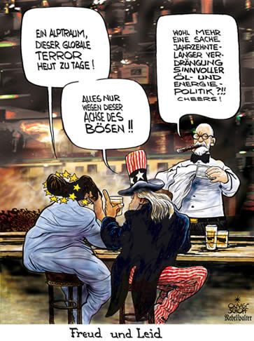  Oliver Schopf, politischer Karikaturist aus Österreich, politische Karikaturen, Illustrationen Archiv politische Karikatur Welt USA Europa
EU USA 2006: sigmund freud, leid, terror, achse des boesen, oel, energie,
alptraum, verdraengung achse des boesen barszene terror freudjahr barkeeper

