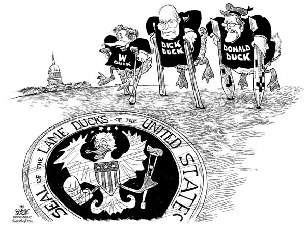 Oliver Schopf editorial cartoons, cartoonist, cartoon, USA president George W. Bush 2006;, midterm elections, lame duck, bush, cheney rumsfeld, donald duck, capitol hill


