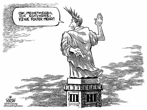  Oliver Schopf, politischer Karikaturist aus Österreich, politische Karikaturen, Illustrationen Archiv politische Karikatur Welt USA Präsident Georg W. Bush
2005, Bush schwört Folter ab, vorerst ....