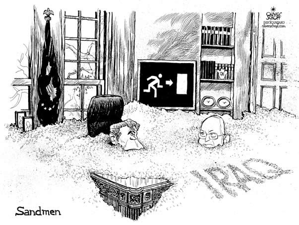 Oliver Schopf editorial cartoons, cartoonist, cartoon, USA president George W. Bush 2006: , george w bush, dick cheney, sandman, iraq, oval offivce,
white house, exit



