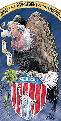 Oliver Schopf editorial cartoons, cartoonist, cartoon, USA president George W. Bush USA USA: the seal of the predisdent after cia-affairs 2005
