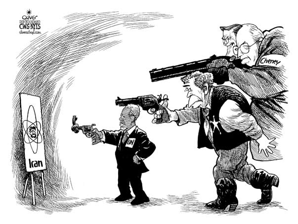 Oliver Schopf editorial cartoons, cartoonist, cartoon, USA president George W. Bush 2006: bush, cheney, un rumsfeld iran target focus atomic policy nuke iran

