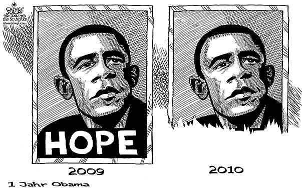  Oliver Schopf, politischer Karikaturist aus Österreich, politische Karikaturen, Illustrationen Archiv politische Karikatur Welt USA Präsident der Vereinigten Staaten von Amerika Barack Obama  2010: obama, hope, plakat, jahrestag, ein jahr obama Jänner 2010
