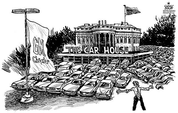 Oliver Schopf, editorial cartoons from Austria, cartoonist from Austria, Austrian illustrations, illustrator from Austria, editorial cartoon president of the united states of amerika usa barack obama 2009: economical crisis usa, president obama with cars in front of the white house called car house flag chrysler gm , crisis, rescue, car dealer politician politicians

