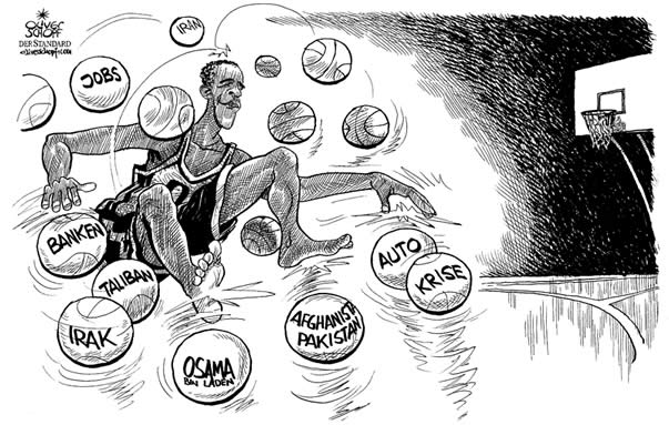  Oliver Schopf, politischer Karikaturist aus Österreich, politische Karikaturen, Illustrationen Archiv politische Karikatur Welt USA Präsident der Vereinigten Staaten von Amerika Barack Obama 2009 basketball, autokrise, banken


