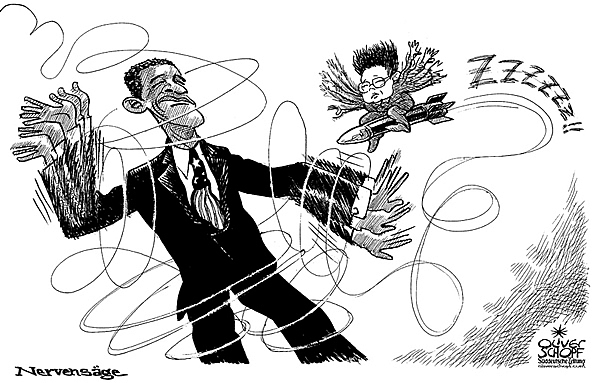  Oliver Schopf, politischer Karikaturist aus Österreich, politische Karikaturen, Illustrationen Archiv politische Karikatur Welt USA Präsident der Vereinigten Staaten von Amerika Barack Obama 2009: USA  Obama, kim nord korea atomwaffen


