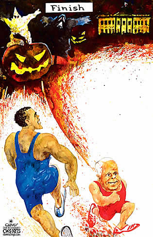  Oliver Schopf, politischer Karikaturist aus Österreich, politische Karikaturen, Illustrationen Archiv politische Karikatur Welt USA Präsidentenwahl 2008 usa, wahlen, obama, mccain, rennen, weißes haus, halloween, finish



