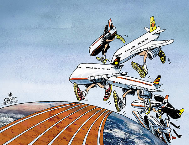  Oliver Schopf, politischer Karikaturist aus Österreich, politische Karikaturen, Illustrationen Archiv politische Karikatur Welt USA Wirtschaft und Finanzen  Flugzeugunternehmen Krise

