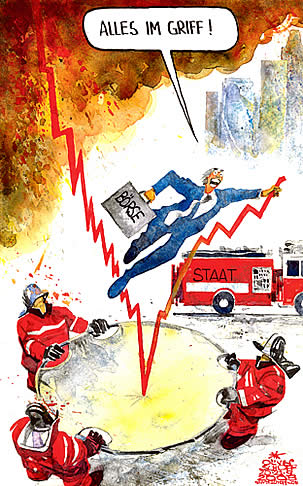  Oliver Schopf, politischer Karikaturist aus Österreich, politische Karikaturen, Illustrationen Archiv politische Karikatur Welt USA Wirtschaft und Finanzen 2008: 2008: boerse, finanzkrise, staat, feuerwehr, sprungtuch, alles im griff



