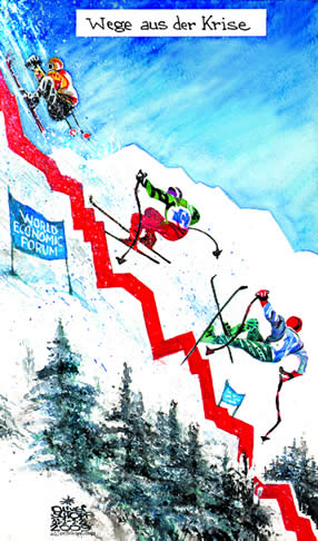  Oliver Schopf, politischer Karikaturist aus Österreich, politische Karikaturen, Illustrationen Archiv politische Karikatur 2009: weltwirtschaftsforum, finanzkrise weltwirtschaftsgipfel, davos,   skifahren, abfahrt




