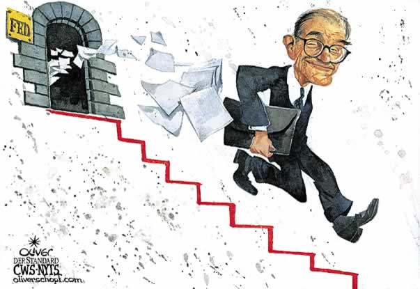  Oliver Schopf, politischer Karikaturist aus Österreich, politische Karikaturen, Illustrationen Archiv politische Karikatur Welt USA Wirtschaft und Finanzen  2008: oelpreis, gold, euro, dollar, Orakel  Guru Alan Greenspan, langjähriger Chef der US Notenbank Ruhestand Krise Kurve zeigt nach unten


