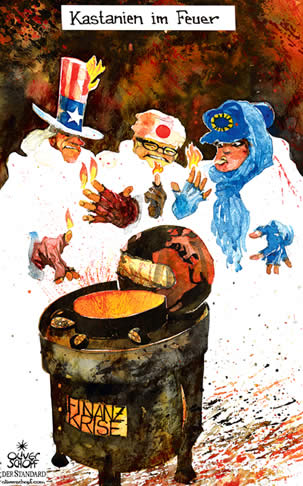  Oliver Schopf, politischer Karikaturist aus Österreich, politische Karikaturen, Illustrationen Archiv politische Karikatur2008: weltwirtschaft, finanzkrise, finanzkrise, kastanien aus dem feuer holen, maronibrater, uncle sam, brennen



