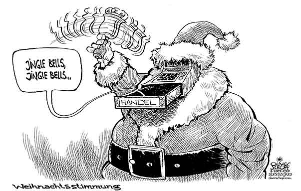  Oliver Schopf, politischer Karikaturist aus Österreich, politische Karikaturen, Illustrationen Archiv politische Karikatur Welt Wirtschaft und Finanzen 2009 weihnachten, handel, geschaeft, weihnachtsmann, kassa, klingeln, glocken jingle bells



