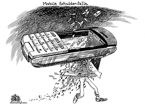  Oliver Schopf, politischer Karikaturist aus Österreich, politische Karikaturen, Illustrationen Archiv politische Karikatur Welt USA Wirtschaft und Finanzen  schuldenfalle handy mobiltelefonie kosten falle konsument handy statt auto


