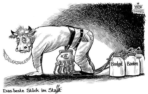  Oliver Schopf, politischer Karikaturist aus Österreich, politische Karikaturen, Illustrationen Archiv politische Karikatur 2009: der steuerzahler als milchkuh, budget, banken, melken, kuh



