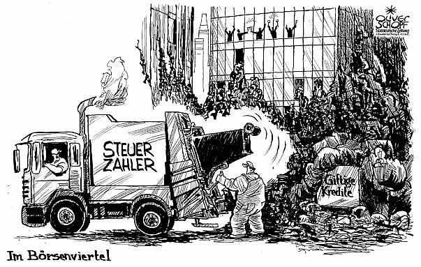  Oliver Schopf, politischer Karikaturist aus Österreich, politische Karikaturen, Illustrationen Archiv politische Karikatur Welt USA Wirtschaft und Finanzen  2008: finanzkrise, steuerzahler, muellabfuhr, giftige kredite, boersenviertel


