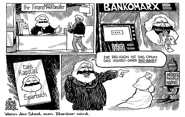  Oliver Schopf, politischer Karikaturist aus Österreich, politische Karikaturen, Illustrationen Archiv politische Karikatur 2009: weltwirtschaftsforum, finanzkrise  banken, verstaatlichnung,   karl marx, finanzberater, bankomat, kapital, bad bank, papst benedikt




