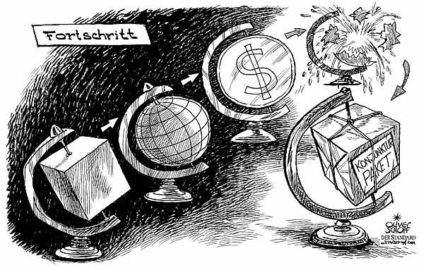  Oliver Schopf, politischer Karikaturist aus Österreich, politische Karikaturen, Illustrationen Archiv politische Karikatur 2008: wirtschaft, finanzkrise, globus, konjunkturpaket, fortschritt





