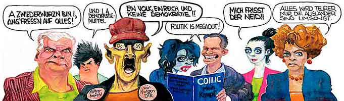 Oliver Schopf, politischer Karikaturist aus Österreich, politische Karikaturen aus Österreich, Karikatur Illustrationen Porträt Typen:
Österreicher-Typen (1): Charakterstudien nach einer Studie 2009 zum Thema „Der/die ÖsterreicherIn“ 

