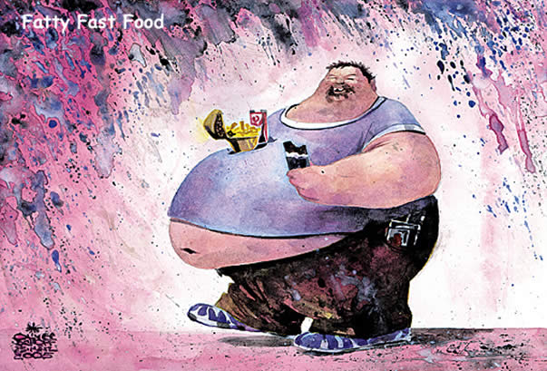 Oliver Schopf, editorial cartoons from Austria, cartoonist from Austria, Austrian illustrations, illustrator from Austria, editorial cartoon portrait characters: fast food, water colour, portrait, fat, eat, thick, paunch, greed  
