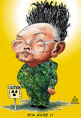 Oliver Schopf, politischer Karikaturist aus Österreich, politische Karikaturen aus Österreich, Karikatur Illustrationen Porträts Politik:
kim yong-il, zeichnung, portraetkarikatur, nord-korea, fuehrer, politiker, atombombe, nuklearwaffen, atomenergie 



