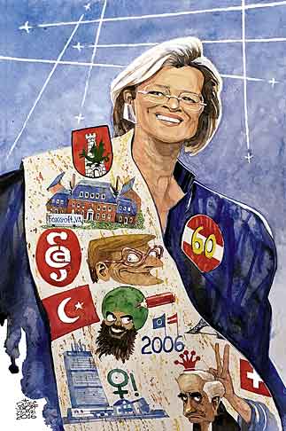 Oliver Schopf, politischer Karikaturist aus Österreich, politische Karikaturen aus Österreich, Karikatur Illustrationen Portraet 2016:
Plassnik Ursula ehemalige Aussenministerin

