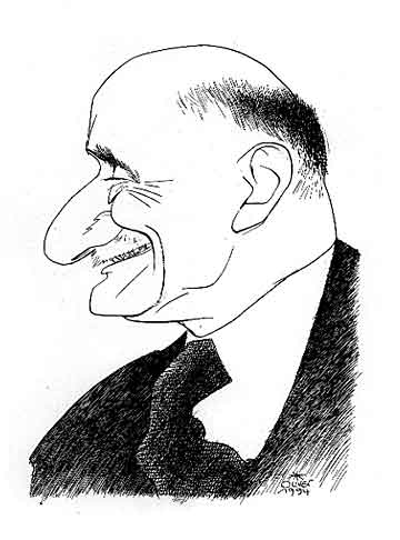 Oliver Schopf, editorial cartoons from Austria, cartoonist from Austria, Austrian illustrations, illustrator from Austria, editorial cartoon portraits politics: robert schuman, drawing, portrait, french statesman,  european coal and steel community, schuman declaration
