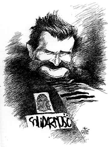 Oliver Schopf, editorial cartoons from Austria, cartoonist from Austria, Austrian illustrations, illustrator from Austria, editorial cartoon portraits politics: lech walesa, poland, drawing, portrait, politician, trade union activist, solidarity, president, nobel peace prize
