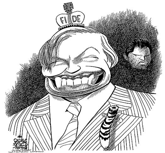 Oliver Schopf, politischer Karikaturist aus Österreich, politische Karikaturen aus Österreich, Karikatur Illustrationen Schach: Antoli Karpow schlägt „Tiger“ Vishy Anand.
