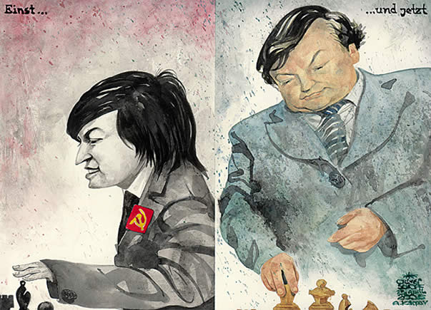 Oliver Schopf, editorial cartoons from Austria, cartoonist from Austria, Austrian illustrations, illustrator from Austria, editorial cartoon chess 	
 	
Anatoli Karpov, then and now. 