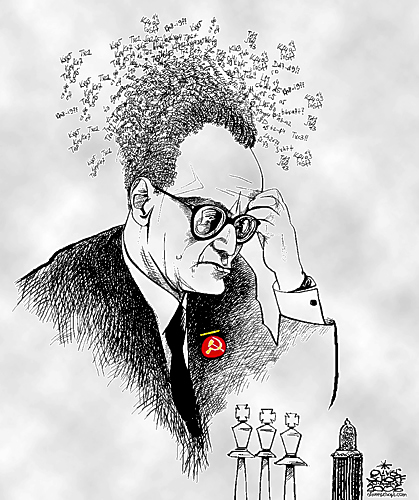  Oliver Schopf, politischer Karikaturist aus Österreich, politische Karikaturen aus Österreich, Karikatur Illustrationen Schach: Michail Botwinnik, sowjetischer Schachweltmeister von 1948 – 1957, 1958-1960 und 1961-1963. 