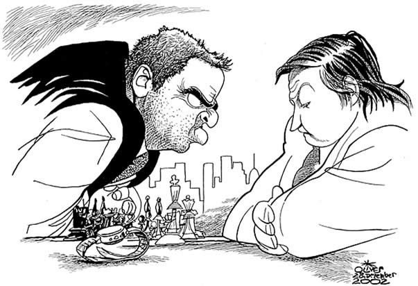 Oliver Schopf, politischer Karikaturist aus Österreich, politische Karikaturen aus Österreich, Karikatur Illustrationen Schach: Allzeiterzfeinde Garry Kasparov und Anatoli Karpov.