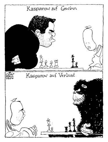 Oliver Schopf, politischer Karikaturist aus Österreich, politische Karikaturen aus Österreich, Karikatur Illustrationen Schach 1997: garry kasparow, monster, schachcomputer, gewinn, verlust, wuerstel


