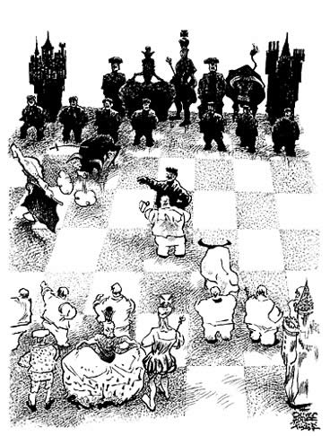 Oliver Schopf, politischer Karikaturist aus Österreich, politische Karikaturen aus Österreich, Karikatur Illustrationen Schach:  	
Die Spanische Eröffnung. Auch Ruy Lopez genannt, nach ihrem spanischen Erfinder.