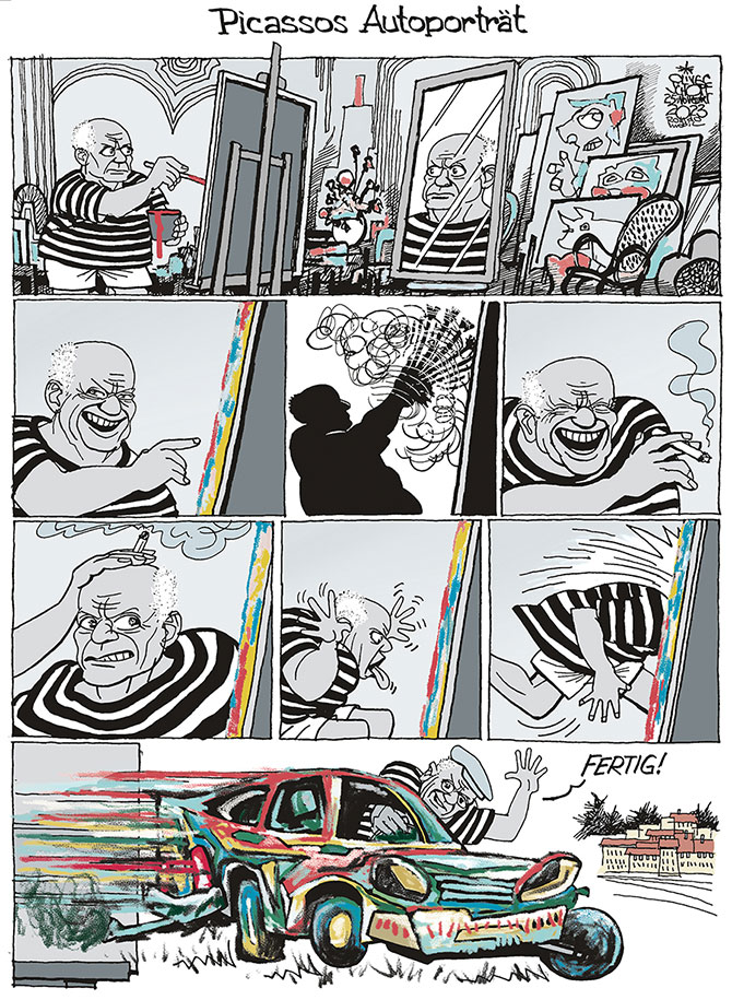 Oliver Schopf, politischer Karikaturist aus Österreich, politische Karikaturen aus Österreich, Karikatur Illustrationen Comic Bildergeschichte 2023: PABLO PICASSO MALER SELBSTPORTRÄT AUTOPORTRÄT MALEN ATELIER SÜDFRANKREICH AUTO AUTOMOBIL AUTOLIEBHABER KUBISMUS ABSTRAKTE KUNST 














