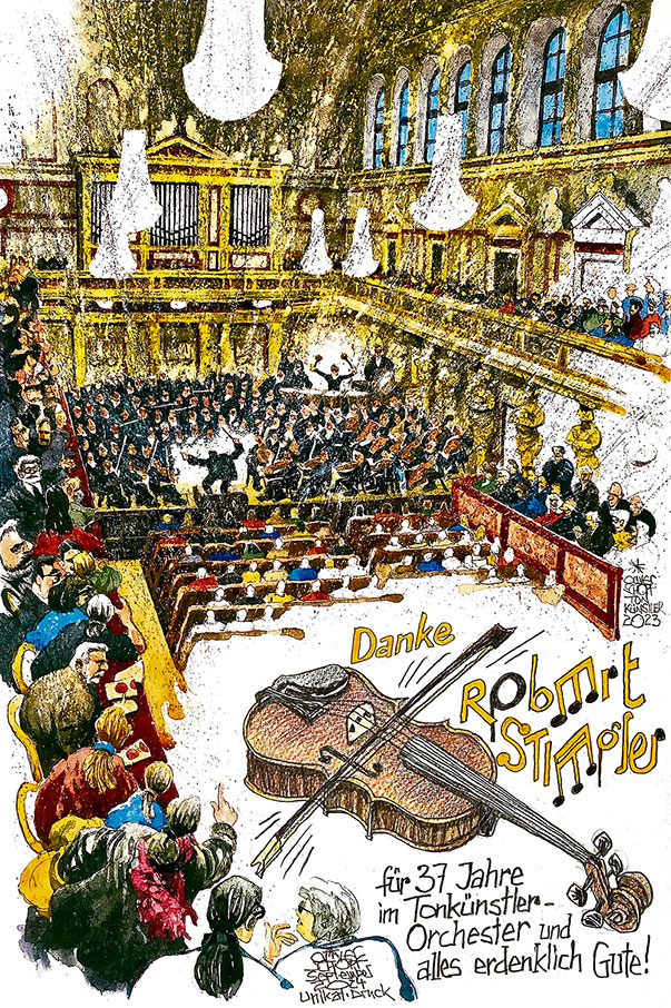 Oliver Schopf, politischer Karikaturist aus Österreich, politische Karikaturen aus Österreich, Karikatur Illustrationen Malerei 2024: NIEDERÖSTERREICHISCHE TONKÜNSTLER ORCHESTER KONZERT GROSSER GOLDENER SAAL WIENER MUSIKVEREIN AQUARELL ABSCHIEDSGESCHENK MITGLIEDER MUSIK TÖNE ROBERT STIEGLER BRATSCHE MUSIKHISTORIKER

