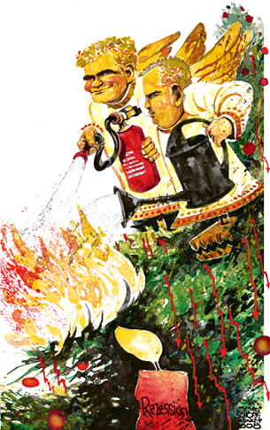Oliver Schopf, editorial cartoons from Austria, cartoonist from Austria, Austrian illustrations, illustrator from Austria, editorial cartoon austria 2008: Christmas, coalition, faymann, proell, angel, christmas tree, fire, extinguish