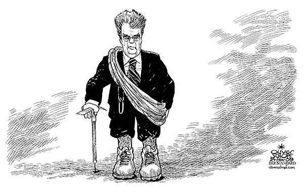 Oliver Schopf, editorial cartoons from Austria, cartoonist from Austria, Austrian illustrations, illustrator from Austria, editorial cartoon Austrian politics politician Austria 2009: federal president, heinz fischer, 2nd term, candidate, elections, hiker