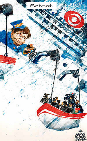 Oliver Schopf, editorial cartoons from Austria, cartoonist from Austria, Austrian illustrations, illustrator from Austria, editorial cartoon austria 2008: orf, wrabetz, distress, sink, lifeboat