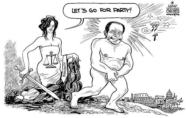 Oliver Schopf, editorial cartoons from Austria, cartoonist from Austria, Austrian illustrations, illustrator from Austria, editorial cartoon Europe 2009: justitia to naked berlusconi let s go for party italy, berlusconi, immunity, party, nude
