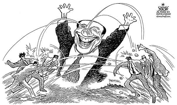 Oliver Schopf, editorial cartoons from Austria, cartoonist from Austria, Austrian illustrations, illustrator from Austria, editorial cartoon politics politician Europe 2010: italy berlusconi quarrel altercation throw 
