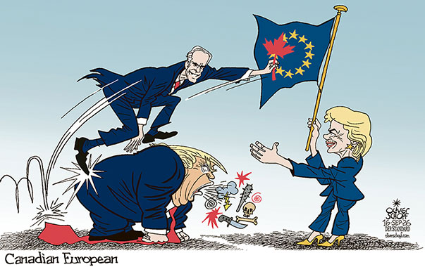 Oliver Schopf, editorial cartoons from Austria, cartoonist from Austria, Austrian illustrations, illustrator from Austria, editorial cartoon politics politician Europe, Cartoon Movement, @oliverschopf.bsky.social 2026: CANADA EU EUROPEAN UNION MARK CARNEY TRUMP VON DER LEYEN ASSOCIATE MEMBERSHIP FLAG STARS MAPLE LEAF
























