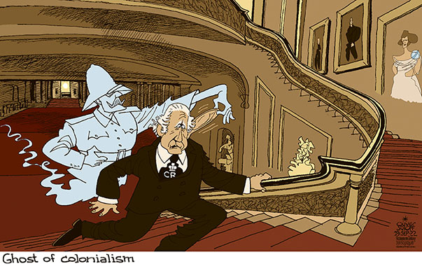 Oliver Schopf, editorial cartoons from Austria, cartoonist from Austria, Austrian illustrations, illustrator from Austria, editorial cartoon politics politician Europe, Cartoon Arts International, 2022: GREAT BRITAIN CHARLES III COLONIALISM GHOST CASTLE BUCKINGHAM PALACE STAIRWAY EAR PULL ON THE EARS















