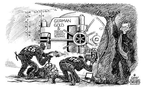 Oliver Schopf, editorial cartoons from Austria, cartoonist from Austria, Austrian illustrations, illustrator from Austria, editorial cartoon politics politician Europe 2011 ECB IMF VAN ROMPUY BUNDESBANK GOLD FOREIGN CURRENCY RESERVES SAFE BANK ROBBERY
