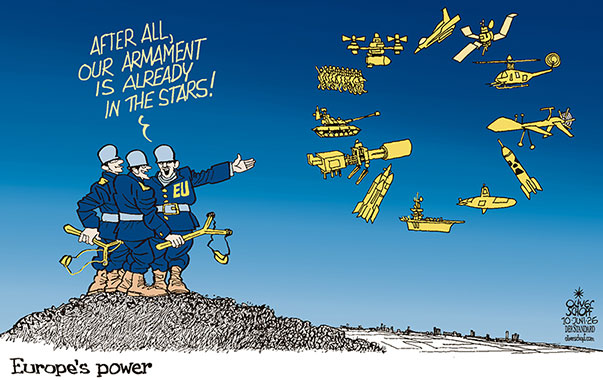 Oliver Schopf, editorial cartoons from Austria, cartoonist from Austria, Austrian illustrations, illustrator from Austria, editorial cartoon politics politician Europe, Cartoon Movement, @oliverschopf.bsky.social 2026: EU EUROPEAN UNION ARMY ARMAMENT POWER FORCES STARS FLAG DEFENSE WEAPONS SECURITY FCAS 






















